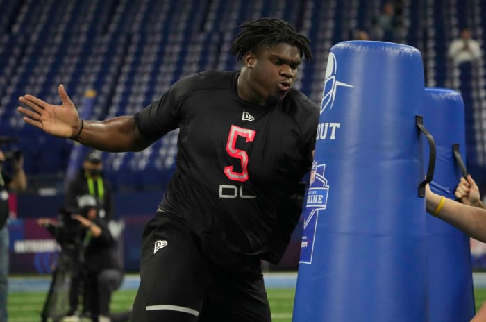Mar 5, 2022; Indianapolis, IN, USA; Georgia defensive lineman Jordan Davis (DL05) goes through drills during the 2022 NFL Scouting Combine at Lucas Oil Stadium. Mandatory Credit: Kirby Lee-USA TODAY Sports